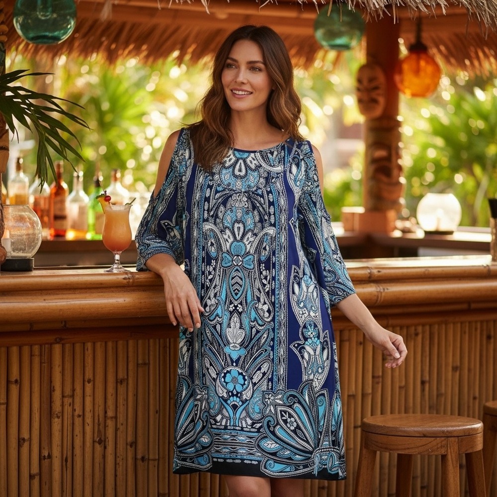 Gibson Latimer Blue Paisley Cold Shoulder Shift Dress XL Boho Medallion Print
